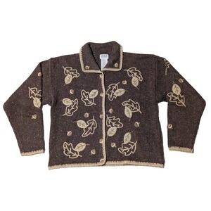 VTG PBJ SPORT Women Medium Brown Wool Blend LEAF Embroidered Button Cardigan EUC